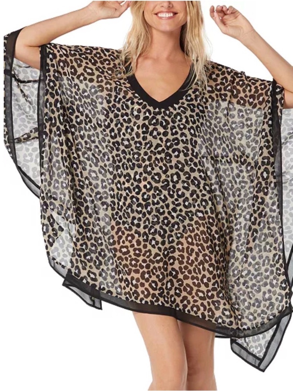 Michael Kors Leopard Print Sheer V-Neck Swim Cover-Up in Brown and Black